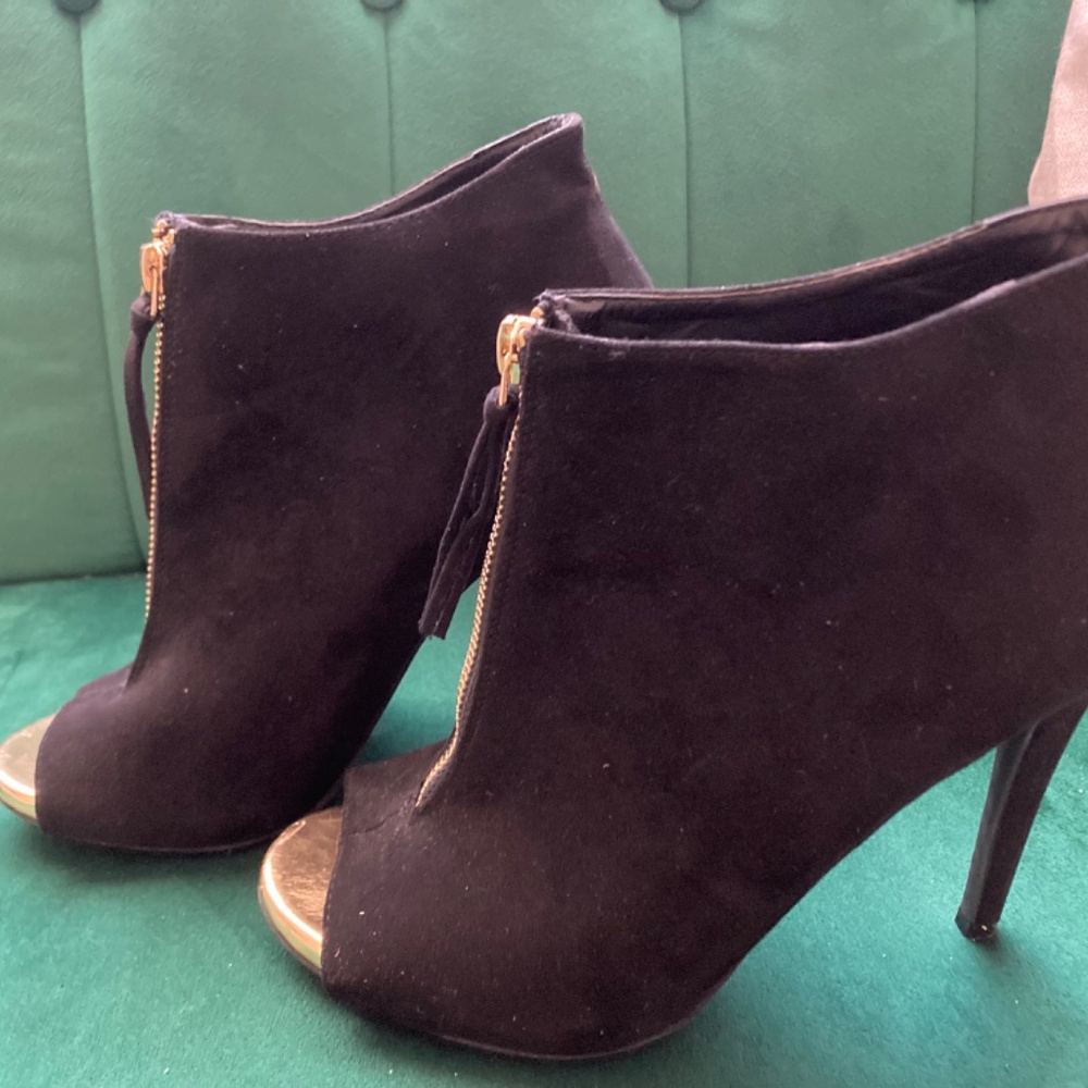 Black Suede and Gold Peep Toe Heels
